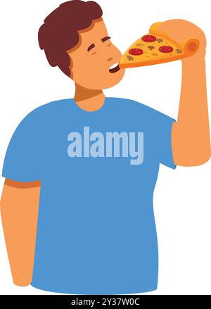 Cartoon illustration of a man enjoying eating a slice of pizza with closed eyes Stock Vector