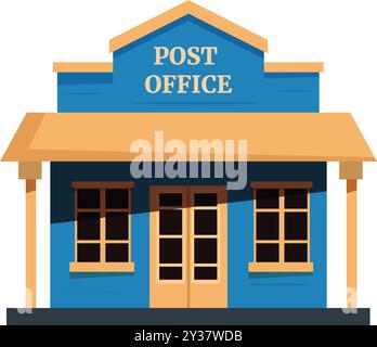 Cartoon illustration featuring a blue and yellow building with a sign reading post office, evoking the architectural style of a classic wild west saloon Stock Vector