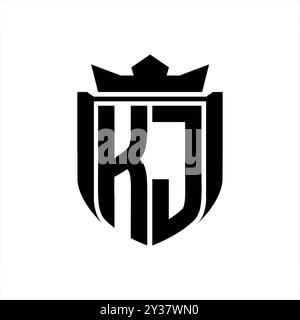 KJ Letter logo with shield shape inside shield badge crown on white background template design Stock Photo