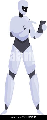 White robot is using a digital tablet, pointing at the screen with his finger Stock Vector