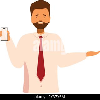 Businessman is holding a smartphone and gesturing with his hand like he is showing and presenting something Stock Vector