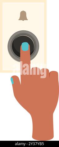 Woman hand pressing a doorbell button, waiting for the door to open Stock Vector