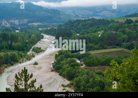 High angle view on river Drome in French Vercors mountain range Stock Photo