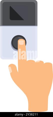 Hand pressing the button on a modern intercom device, ready to communicate Stock Vector