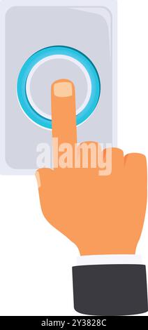 Cartoon vector illustration of businessman hand pressing a round button on an interactive panel Stock Vector