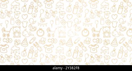 seamless pattern with cute hand drawn doodle elements golden colors isolated white backgrounds for baby shower invitation, baby girl and baby boys Stock Vector