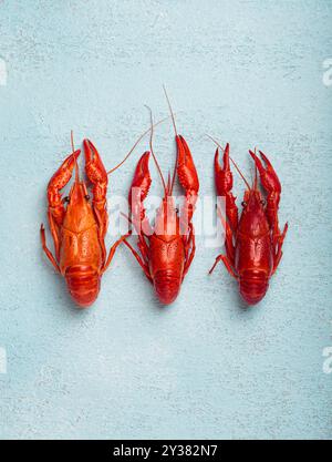 Three whole cooked crawfish lying on blue background top view Stock Photo