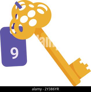 Golden key holding purple tag with number nine isolated on white background representing hotel room number and access Stock Vector