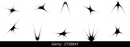 Black thin quirky thorn element set. Sharp star shapes and angular sparks bundle. Spooky spokes object pack for poster design, flyer, collage, banner, badge, logo, card, icon, label, sticker. Vector Stock Vector