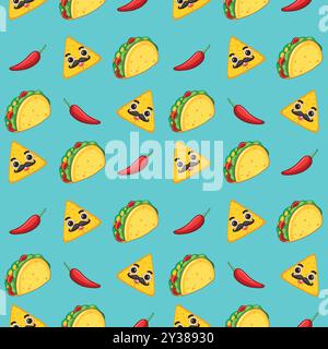 Seamless pattern with tacos and chili peppers Stock Vector