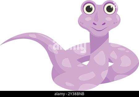 This cartoon illustration features a cute purple snake curled up, with big eyes and a sweet smile, perfect for children's books or any project that needs a touch of whimsy Stock Vector
