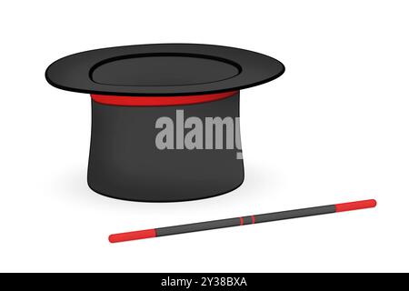 Sketch of magician top hat and magic wand on white background Stock Photo