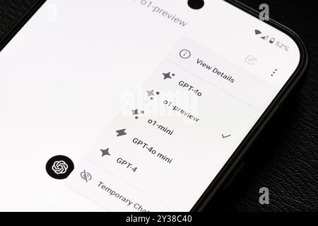 Smartphone screen showing GPT model selection with OpenAI logo on display. Stafford, United Kingdom, August 13, 2024. Stock Photo