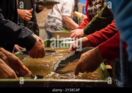 Tourists gold panning in Tankavaara Gold Village in Finland Stock Photo