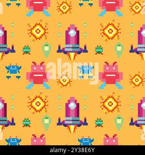Colorful pixelated space-themed seamless vector illustration Stock Vector
