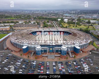 Aerial view from drone of Hampden Park football stadium in Glasgow, Scotland, UK Stock Photo