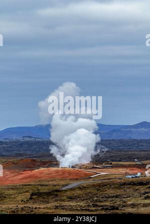 A large cloud of steam rises from a geothermal power plant in the distance. The sky is cloudy and the landscape is barren. Reykjanes power station Stock Photo