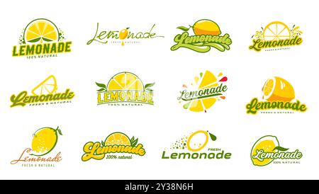 Lemonade drink icons set, lemon fruit juice vector labels with fresh yellow citrus, juicy slices and splashes. Lemon or lime fruit lemonade drink, tropical juice and soda beverage, sweet drops, leaves Stock Vector