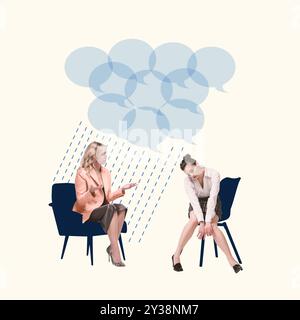 Young woman feeling exhausted and depressed, visiting female psychologist for healing, importance of therapy session. Contemporary art collage. Stock Photo