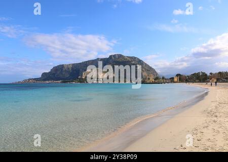 Palermo, Sicily, Italy. View of Mondello beach, in background monte Pellegrino. Stock Photo