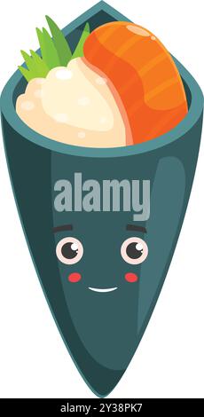 Cartoon temaki is smiling happily with salmon, rice, and green onions tucked inside Stock Vector