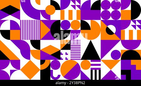 Abstract modern Halloween pattern background for holiday, vector geometric shapes. Halloween pattern background of orange, purple and black mosaic simple figures and shapes for horror night holiday Stock Vector