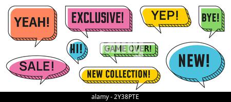 Memphis speech bubbles isolated vector set. Colorful dialog and chat clouds of round, oval or square shapes with typography words. New collection, bye, yep, game over, exclusive, yeah and sale Stock Vector