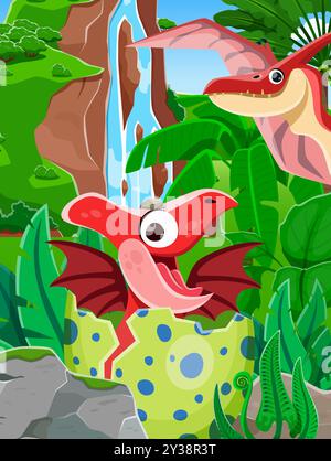 Cartoon funny dino kid with dinosaur mother in jungle forest, vector cartoon prehistoric poster. Pteranodon dinosaur bird mother with baby dino hatching from egg in Jurassic park forest Stock Vector