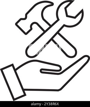 Hand hold up wrench and hammer icon line art vector. . Stock Vector