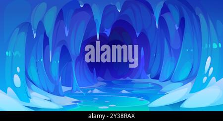 Ice cave landscape. Cartoon vector blue, mystical, frozen cavern with brilliant icicles and calm pools of water, smooth, curving walls, reflective floor and sharp stalactites hanging from the ceiling Stock Vector
