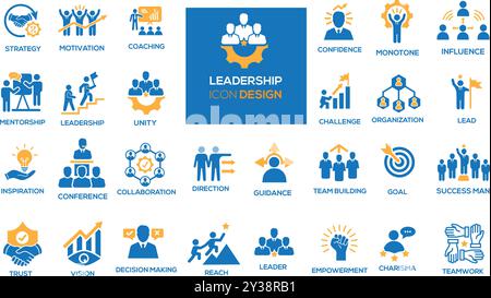 Leadership related Icon set design. ORGANIZATION, STRATEGY, MOTIVATION, EMPOWERMENT, TRUST, COACHING, GOAL, CONFIDENCE, CONFIDENCE, CHALLENGE, LEAD Stock Vector