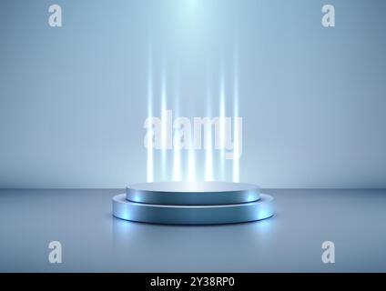 Futuristic 3D Metallic Blue Podium with Bright Blue Spotlights, Perfect for Technology Concept, Product Display, Mockup, Showroom Showcase, and Modern Stock Vector