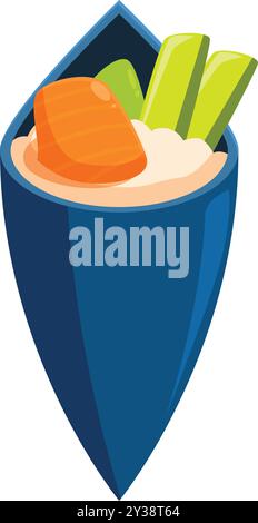 Single piece of temaki sushi with salmon and cucumber in blue cone Stock Vector