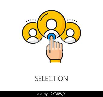 Recruitment candidate selection color line icon. Business head hunter candidate linear symbol, employment or human resources recruitment outline vector sign or icon with hand choosing people icons Stock Vector
