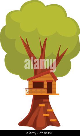 Tree house with a balcony, a door and a roof, standing on a big green tree with stairs leading up to it Stock Vector