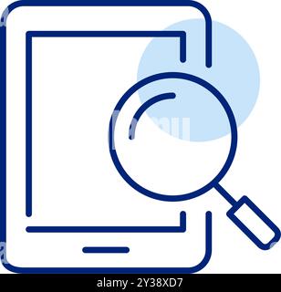 Electronic tablet with magnifying glass. Searching content on digital device, zoom function and study resources. Pixel perfect, editable stroke vector Stock Vector