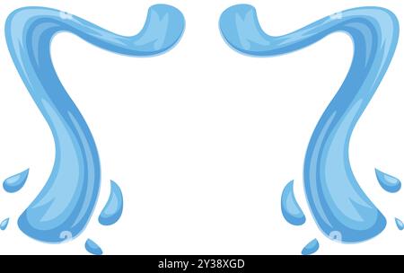 Two cartoon water splashes forming a symmetrical shape with drops on a white background Stock Vector