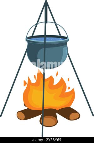 Large metal cooking pot hanging over a bright campfire on a tripod, perfect for illustrating outdoor cooking Stock Vector