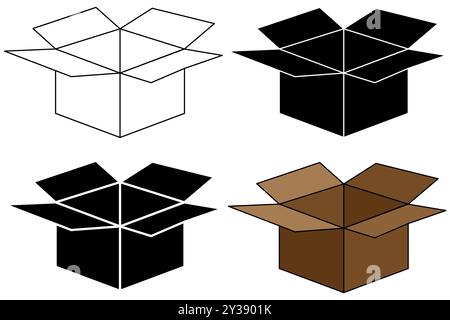 Set of open cardboard boxes in White and black, black and white, knockout and colour versions.  Parcel or moving concept Stock Vector