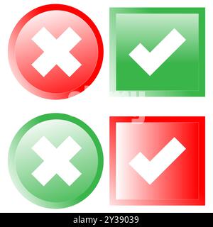 Red and green tick or check mark and cross in square and round buttons Stock Vector