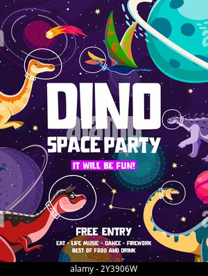 Space dino part flyer, dinosaur astronauts. Vector festive, vibrant and playful invitation poster for children with cartoon dinosaurs in cosmonaut helmets floating in space among planets and stars Stock Vector