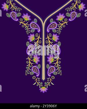 Embroidery v-neck design with floral paisley patterns and vine scroll motifs on a purple background. Stock Vector