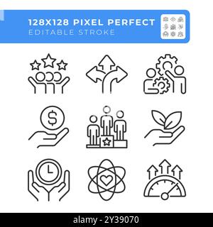 Teamwork organization pixel perfect linear icons set Stock Vector