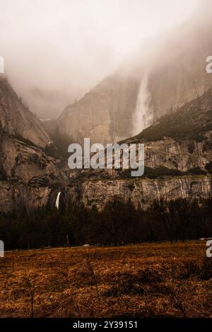 Yosemite Falls with mist on a foggy day in the valley Stock Photo