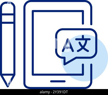 E-tablet, pencil and speech bubble with languages symbols. Interactive e-learning tools, creative online platform. Pixel perfect, editable stroke vect Stock Vector