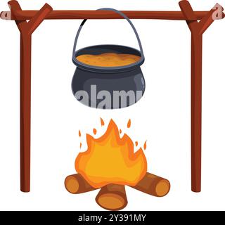 Cooking pot is hanging over a burning campfire on a wooden stand Stock Vector