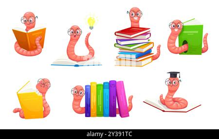 Cartoon cute bookworm characters in eyeglasses. Funny book worm animals vector set. Adorable smart larva personages reading, bite textbook cover, wearing mortarboard hat, having great idea light bulb Stock Vector