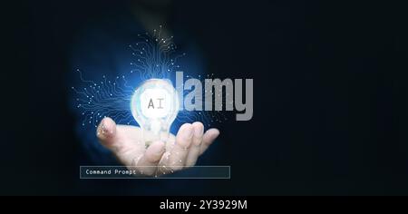 AI technology concept. Man with illuminated light bulb with smart Ai chip and command prompt. Artificial Intelligence for idea, creativity, and soluti Stock Photo