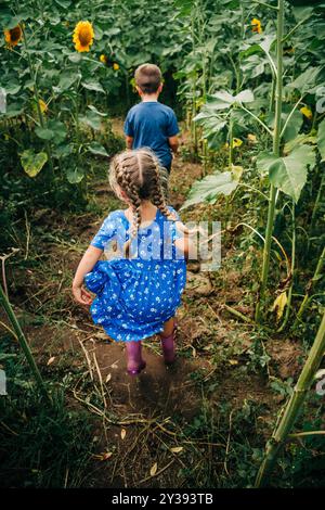 Two children walk through a sunflower field Stock Photo
