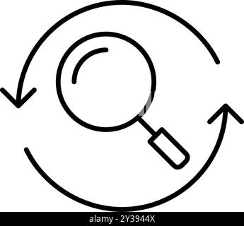 Magnifying glass in refresh arrows. Continuous search, dynamic content filtering. Pixel perfect, editable stroke vector icon Stock Vector